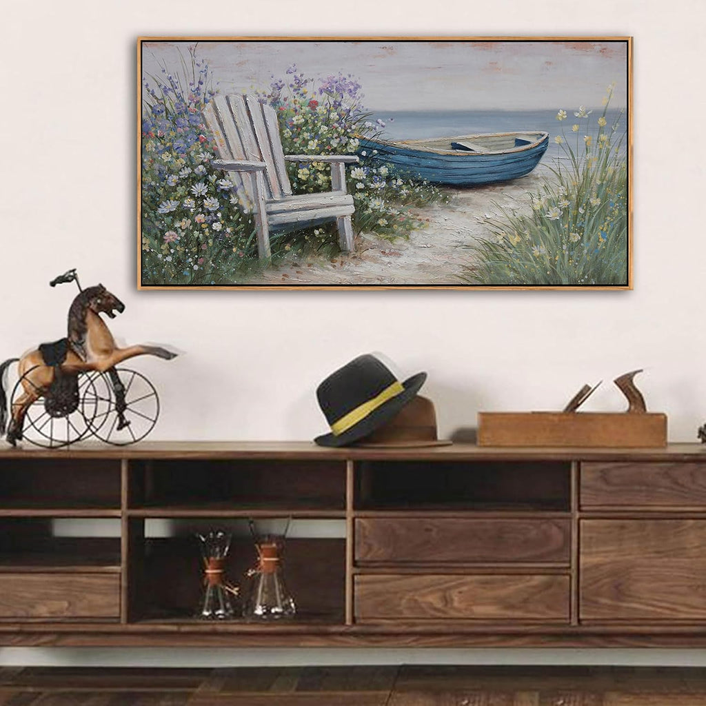 Large Coastal Canvas Wall Art - Ocean Landscape Canvas Wall Decor Picture Blue Boat Beach Scenery Painting & Coast