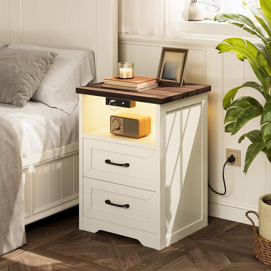 Farmhouse Nightstand Set of 2, Bedside Tables with Charging Station & LED Lights, End Tables with Two Drawers and