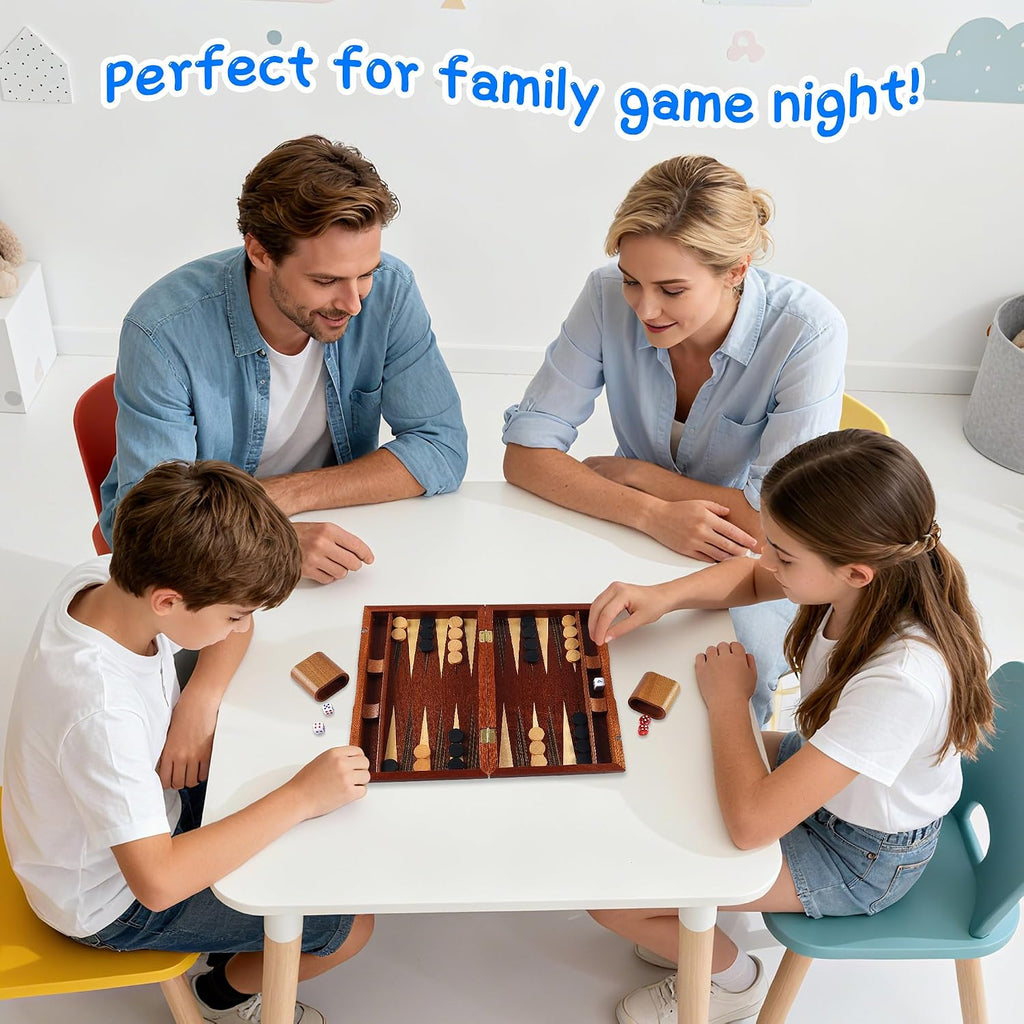 Wooden Backgammon Set for Kids, 13 Inches Backgammon Board Game Set with 32 Backgammon Pieces, 5 Dice & 2 Cups
