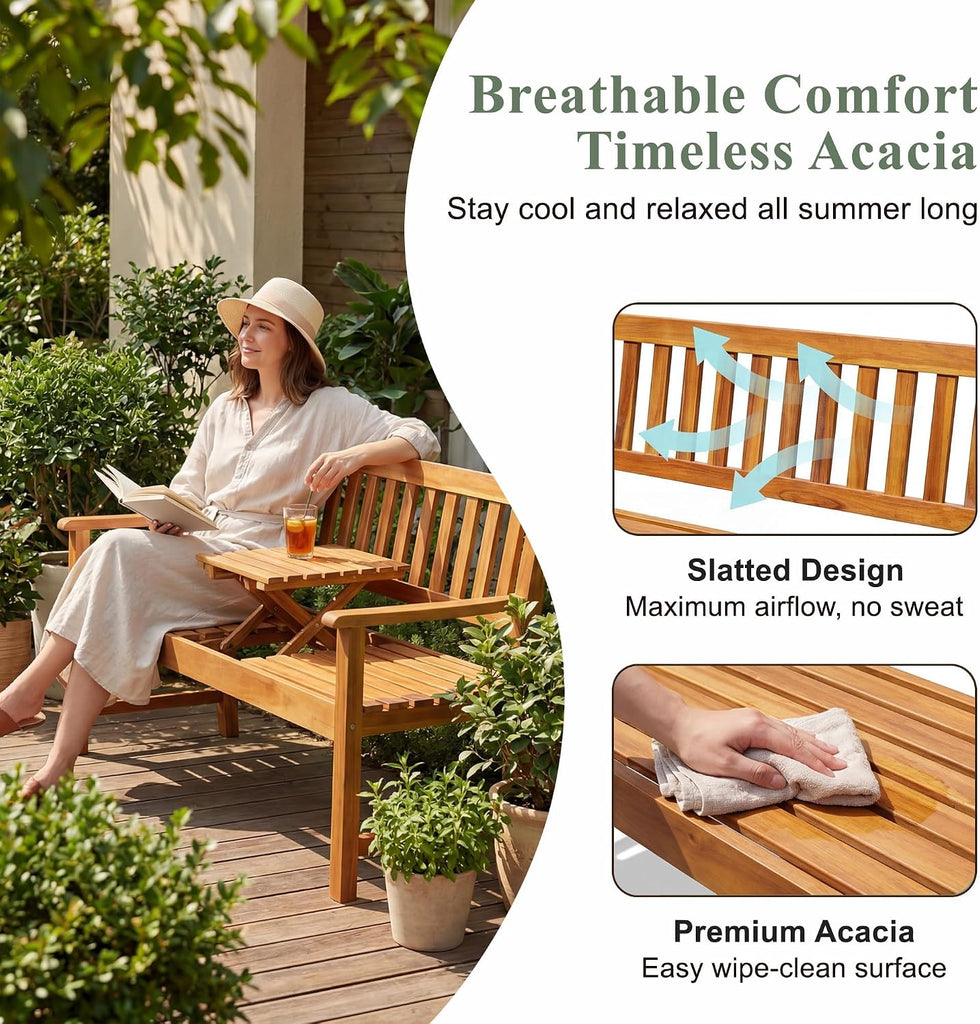Acacia Wood Outdoor Bench, 2-Person Garden Bench with Pull-Out Table | Sturdy Patio Bench Porch Bench, Wooden Bench