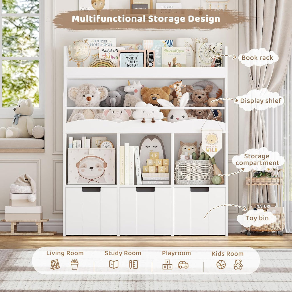 Kids Toy Storage Organizer with Bookshelf, Multifunctional Book Shelf with 3 Movable Toy Organizers for Kids Room