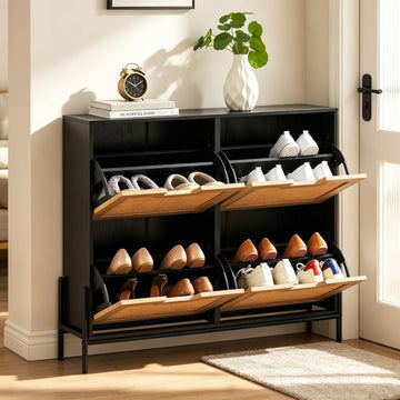 Natural Rattan Flip Drawer Shoe Cabinet Narrow Freestanding Entryway Shoe Storage Organizer Adjustable Shelves Metal