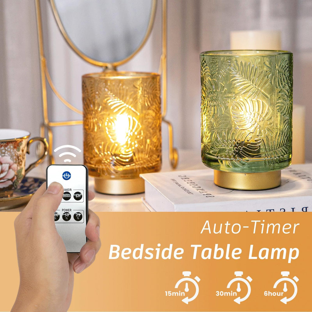 Battery Operated Small Cordless Table Lamps with Remote Control, Dimmable Brightness Wireless Lamp with Timer, Glass
