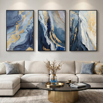 Large Framed Blue and Gold Abstract Wall Art , 3 Piece Modern Canvas Prints Paintings Artwork for Walls, Luxury