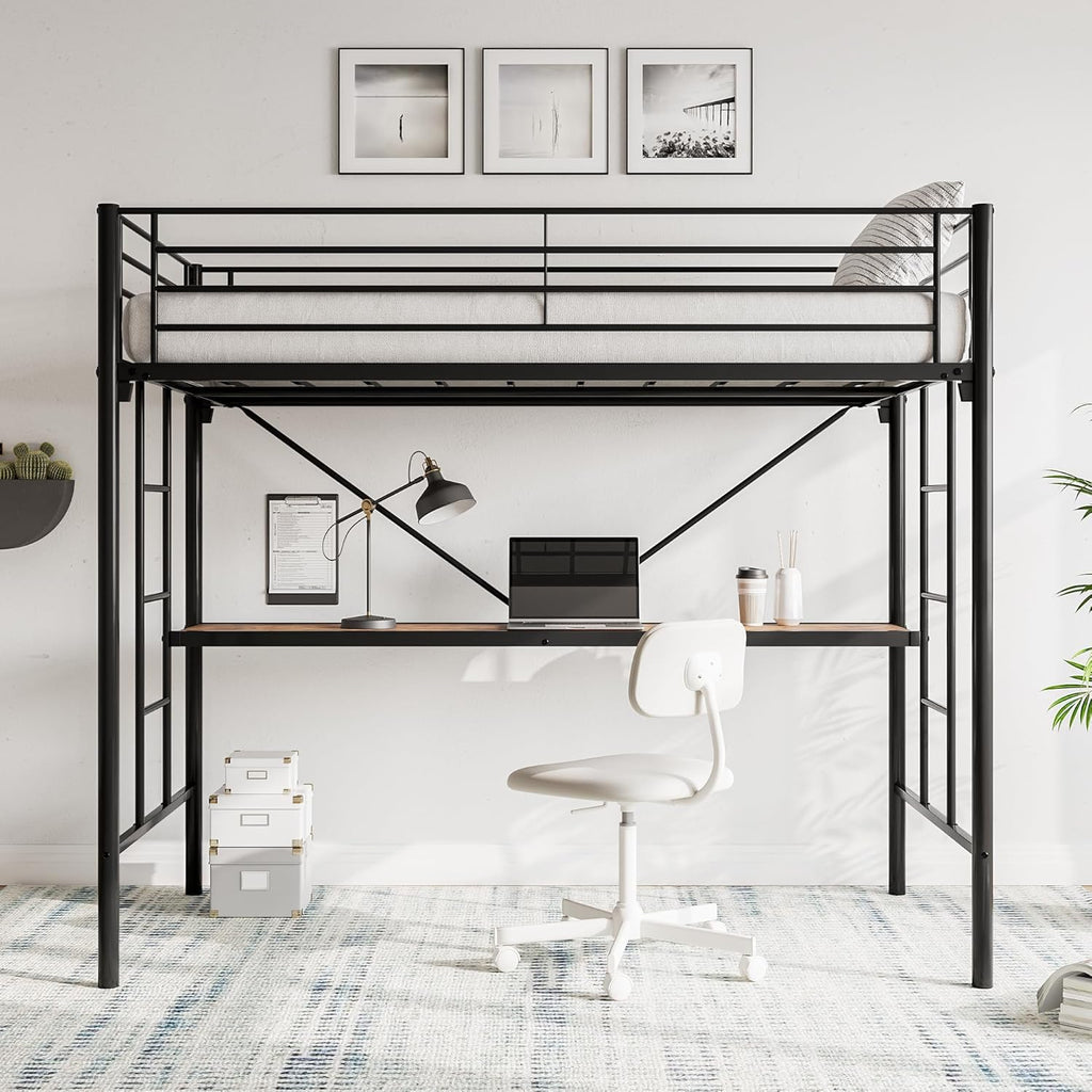 Metal Loft Bed with Desk & 2 Built-in Ladders,Safety Guard Rail, Space-Saving Design, No Box Spring Needed, Twin Black