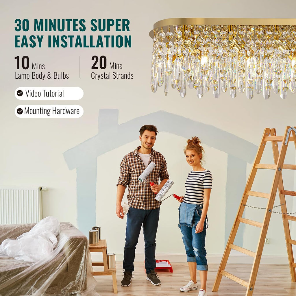40'' Gold Crystal Chandelier for Dining Room, 10-Light Modern Flush Mount Crystal Ceiling Light, Luxury Dimmable K9