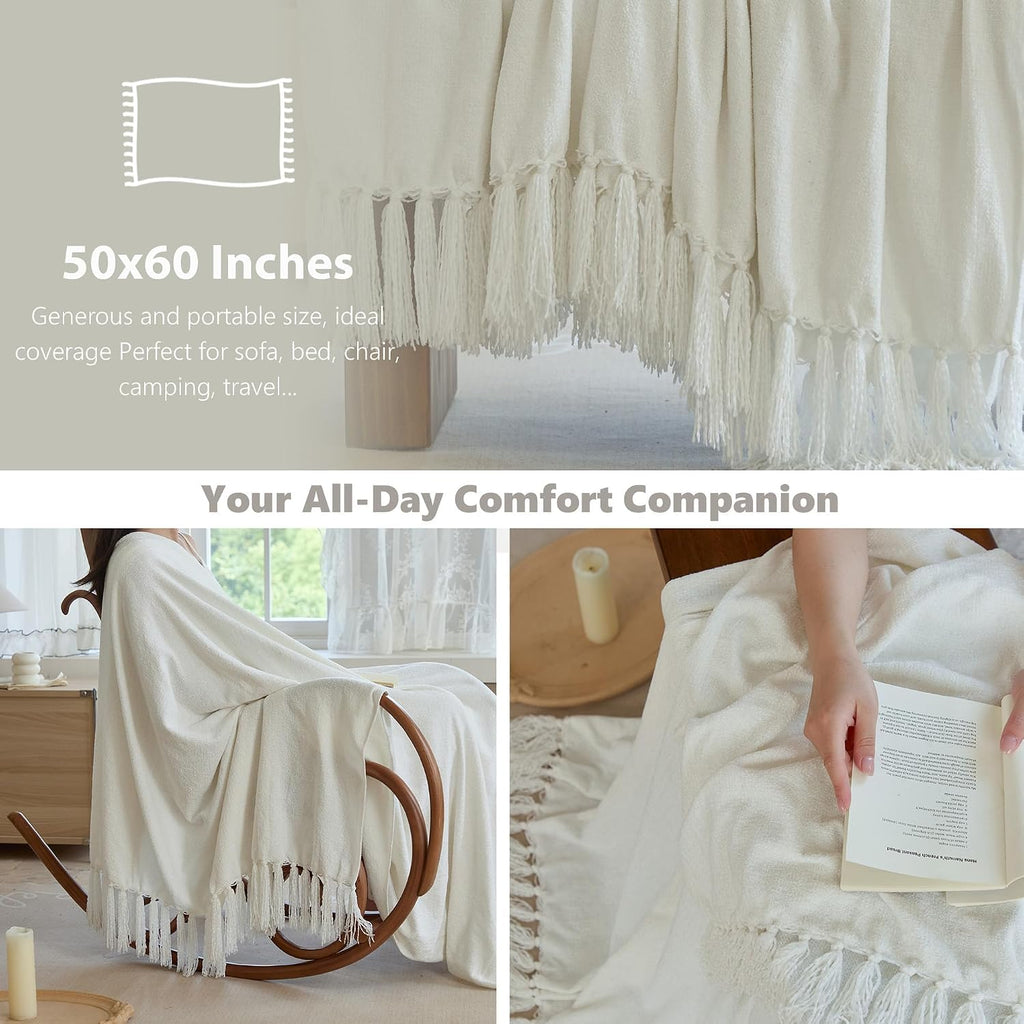 Soft Chenille Throw Blanket 50'' x 60'' - Cozy Fluffy Blanket with Fringe Tassel, Farmhouse Boho Blankets, Cream