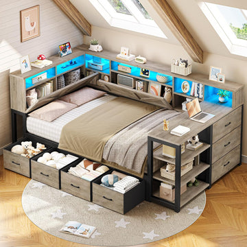 Corner Bed Frame with Desk, Bookcase Headboard, Storage Shelves & 7 Drawers, Farmhouse Twin Size Wood Platform Bed