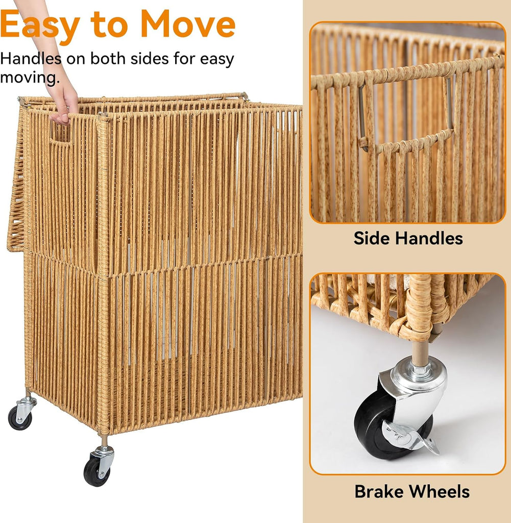 Rolling Laundry Basket Wheels, Handwoven Laundry Hamper with Lid | Double Clothes Hamper with Divided Removable Bag