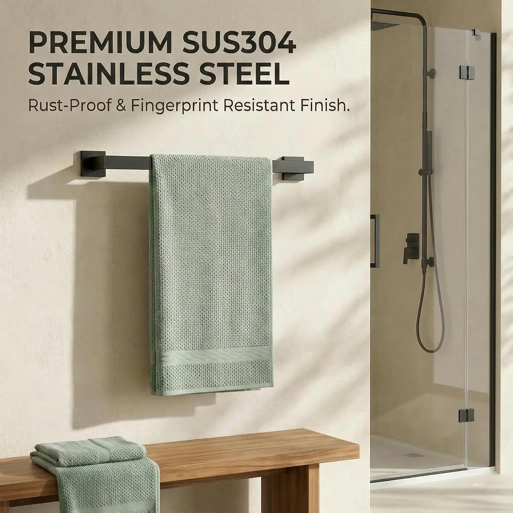 Matte Black Bathroom Hardware Set 5-Piece, Modern Square SUS304 Stainless Steel Bath Accessory Kit with 23.6" Towel