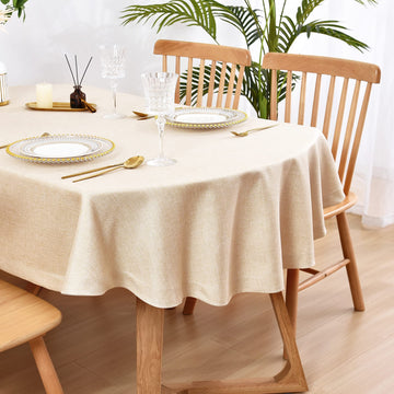 Faux Linen Oval Tablecloth Heavy Duty Wrinkle Resistant Fabric Table Cloths 60 x 84 Inch Beige Farmhouse Rustic Table