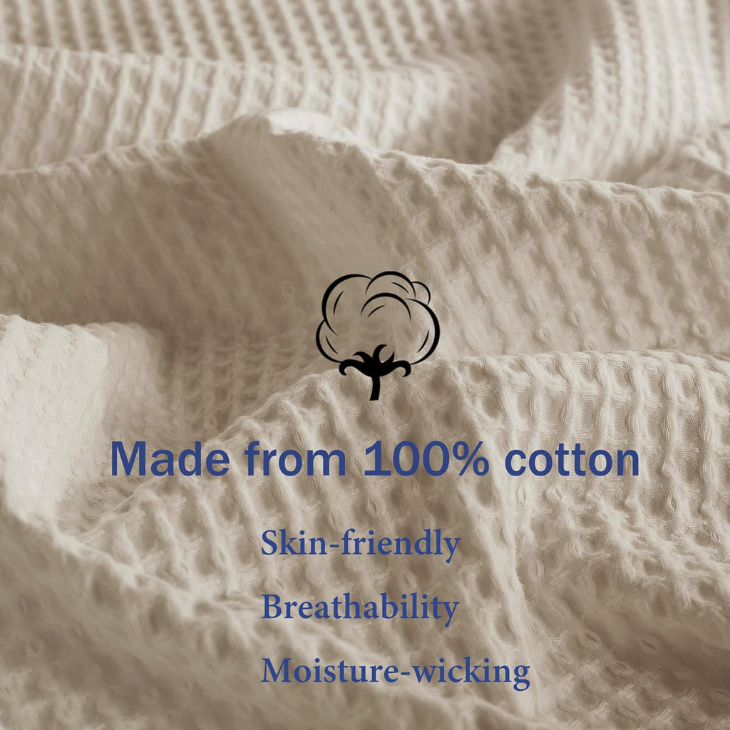 100% Egyptian Cotton Waffle Weave Throw Blanket, Soft Lightweight Bed & Couch Blanket for All Seasons (Light Khaki