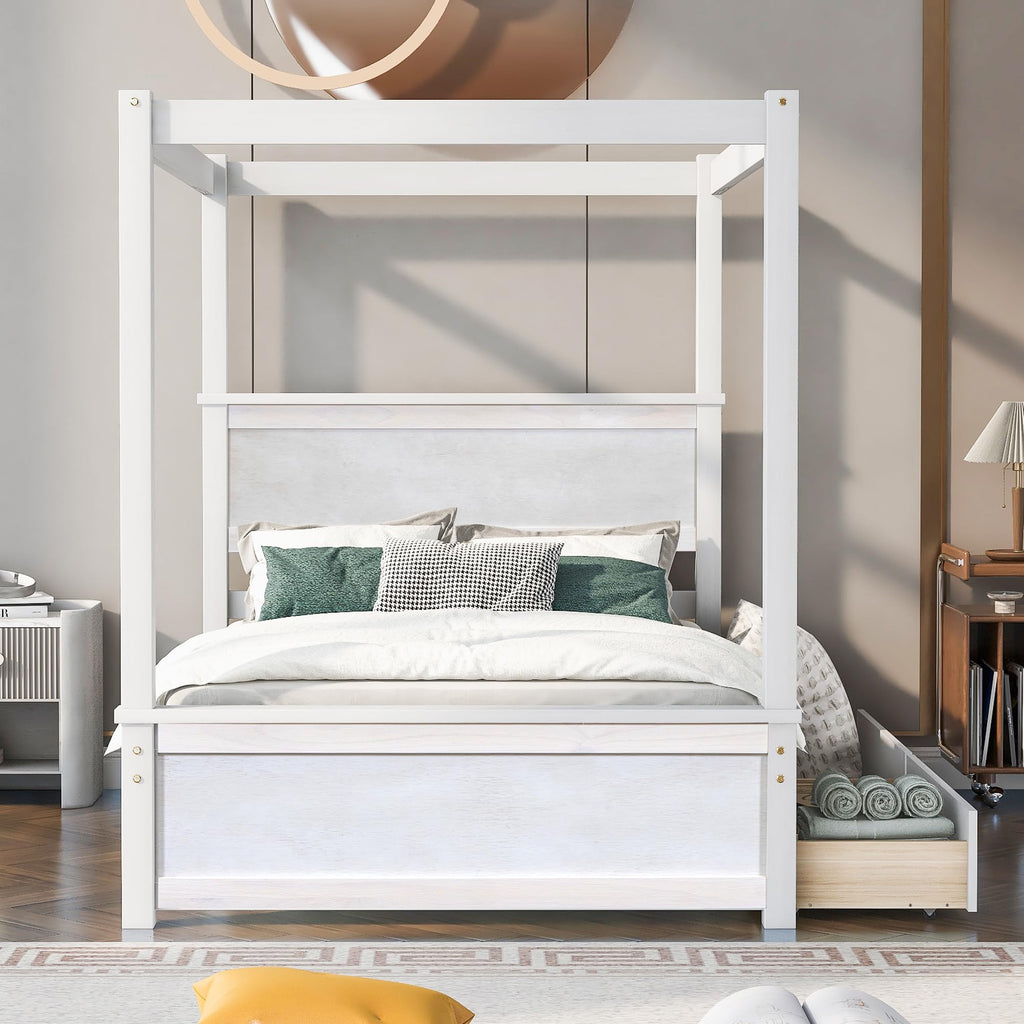 Full Size Canopy Platform Bed with 2 Drawers, Wooden Bed Frame with Support Slats, No Box Spring Needed, Brushed White