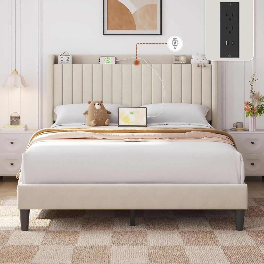 Queen Bed Frame with USB Charging Station and Storage Shelf/Upholstered Headboard Platform Bed with Wing Side/Wooden