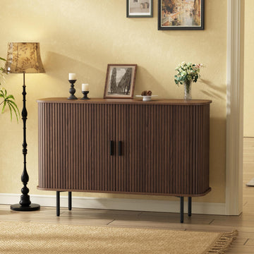 Fluted Sideboard Buffet Cabinet, Sliding Door/Adjustable Shelf, Walnut