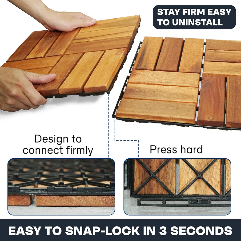 Interlocking Deck Tiles 12”x12”, Acacia Wood Patio Tiles, Waterproof Flooring Tiles for Indoor and Outdoor - Non-Slip