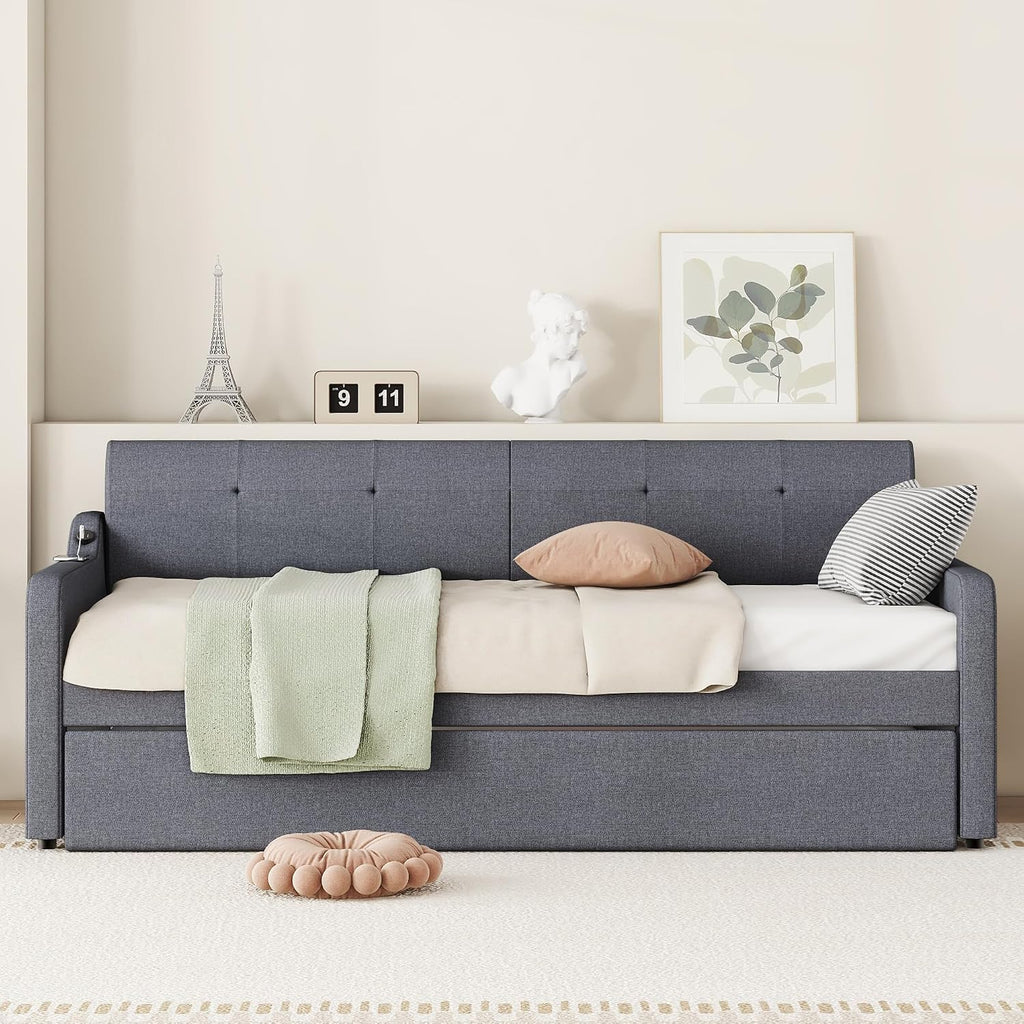 Twin Size Upholstered Daybed with Pop up Trundle,Line Day Bed Frame with Charging Station,Twin to King Daybed, Tufted