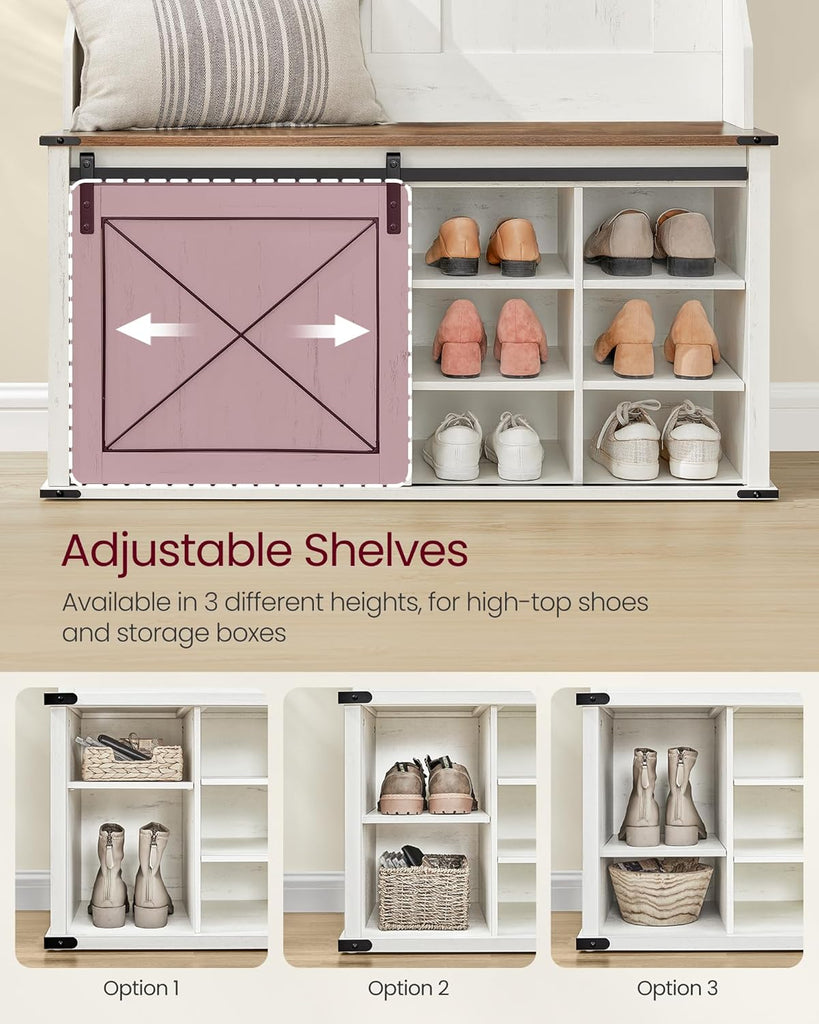 Hall Tree with Bench and Shoe Storage, Coat Rack with Shoe Bench, Entryway Furniture, 6 Tri-Hooks, Sliding Door