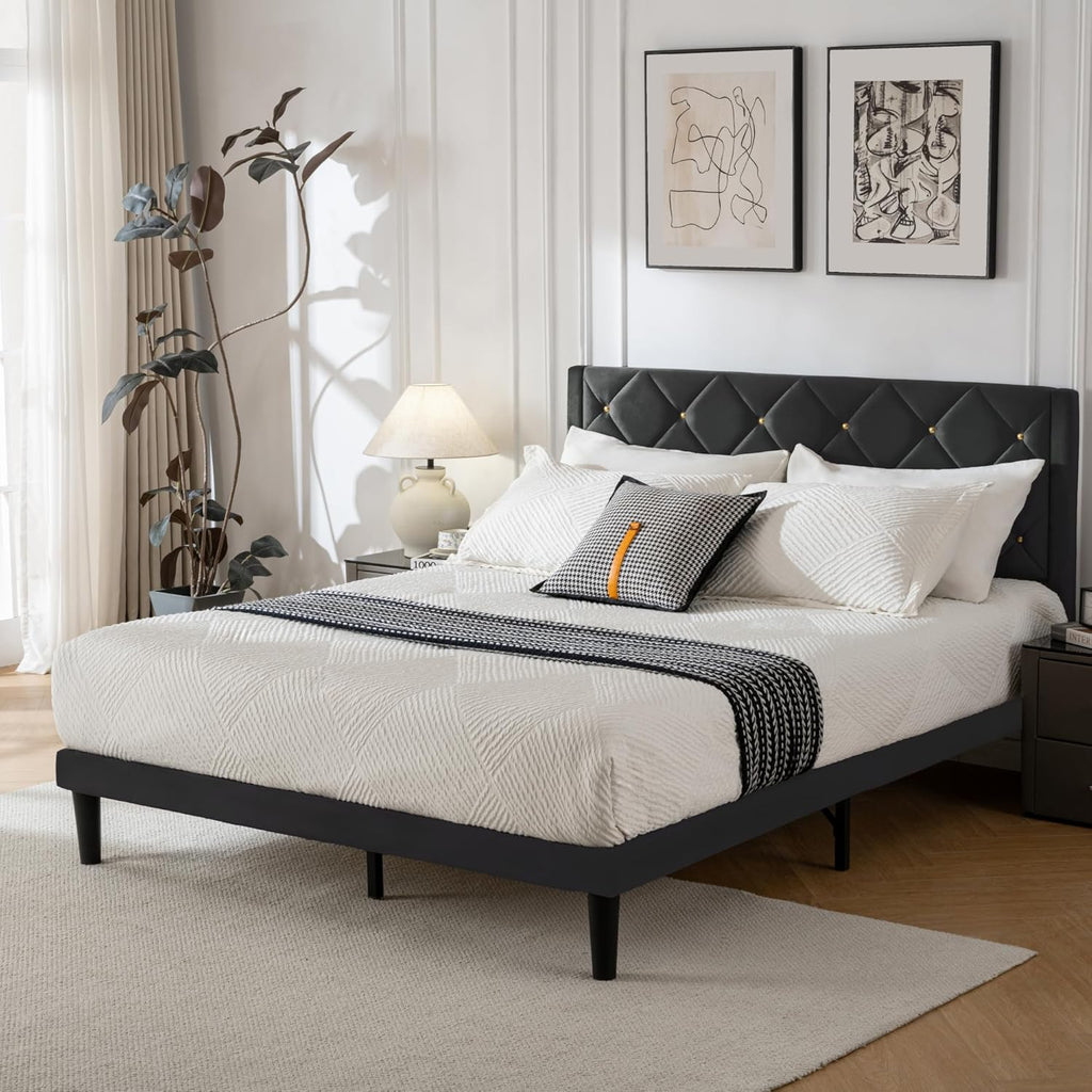 Queen Bed Frame with Headboard, Bed Frame Queen with Sturdy Wooden Slats Support