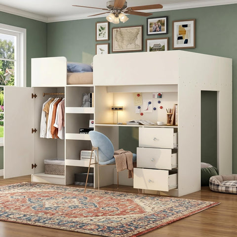 Full Loft Bed with Desk, Wood Full Loft Bed Frame with Built-in Wardrobe, Storage Shelves and Drawers, Beige