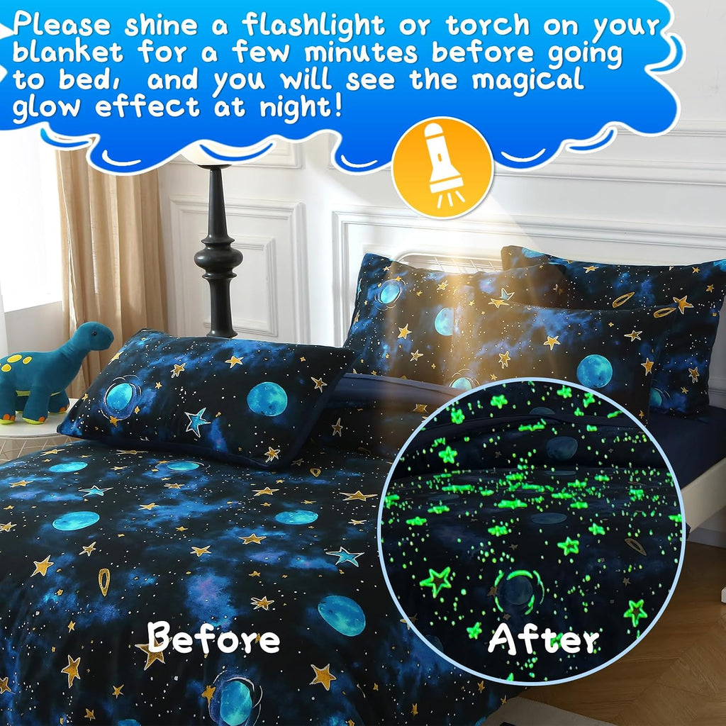 Glow in The Dark Kids Comforter Set, 3 Pieces Blue Space Bedding Set Twin for Boys Girls Teen, 1 Comforter, 1 - Set of 3