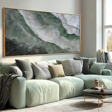 Green and White Abstract Wall Art, Large Framed Canvas Painting with Wooden Frame, Modern Abstract Wall
