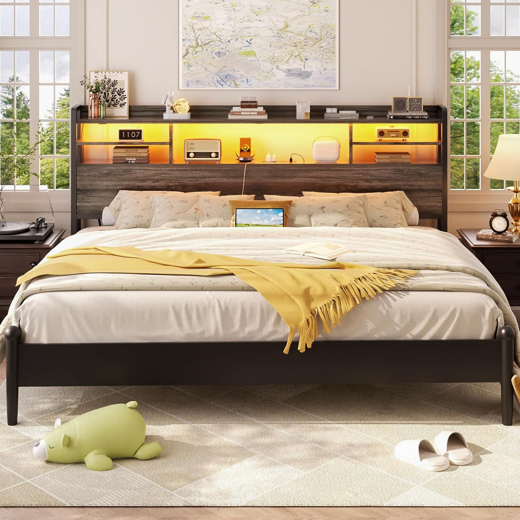 Headboard for King Bed with Storage, Headboards with LED Light, Power Outlets, USB Ports King Head Board