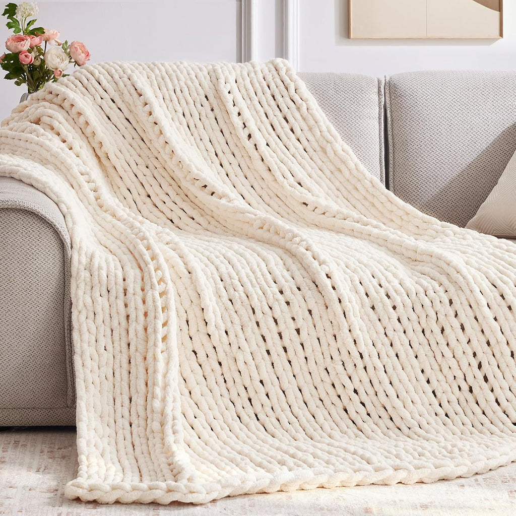 Chunky Knit Throw Blanket, 50''*60'' Knitted Throw Chenille Yarn, Handmade Cream Crochet Big Thick Blanket, Machine