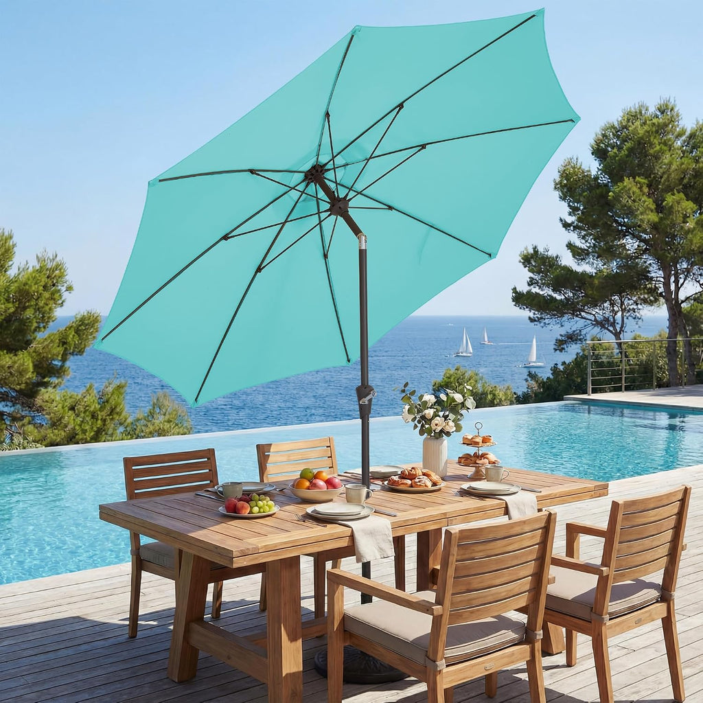 9FT Outdoor Patio Umbrella,Market Table Umbrella with 8 Fiberglass Ribs, Pool Umbrella with Tilt and Crank - Peacock Blu