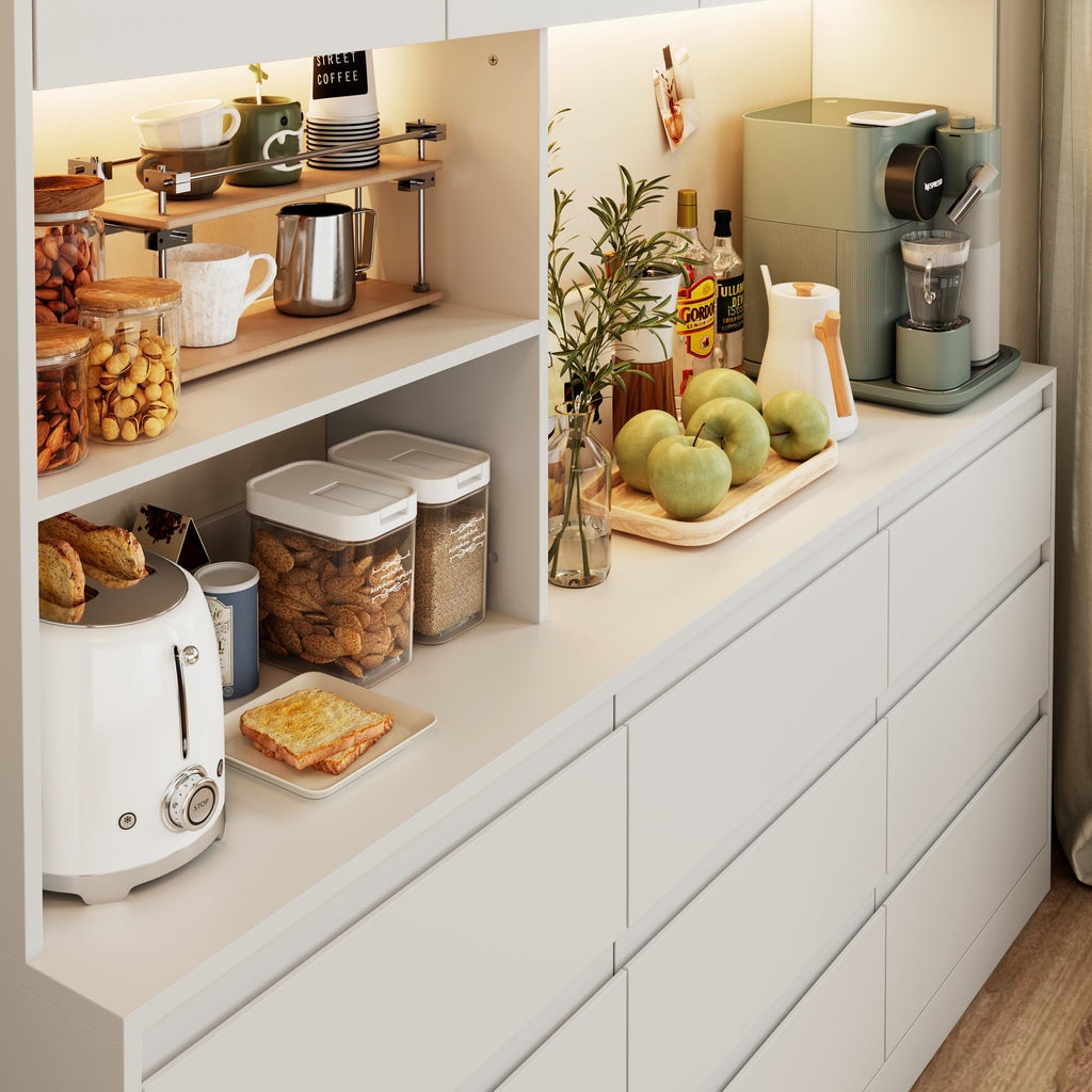 78" LED Pantry Cabinet with Countertop/Charging Station, Tall Kitchen Storage Cabinet with 9 Drawers, 71 "W 4 Door