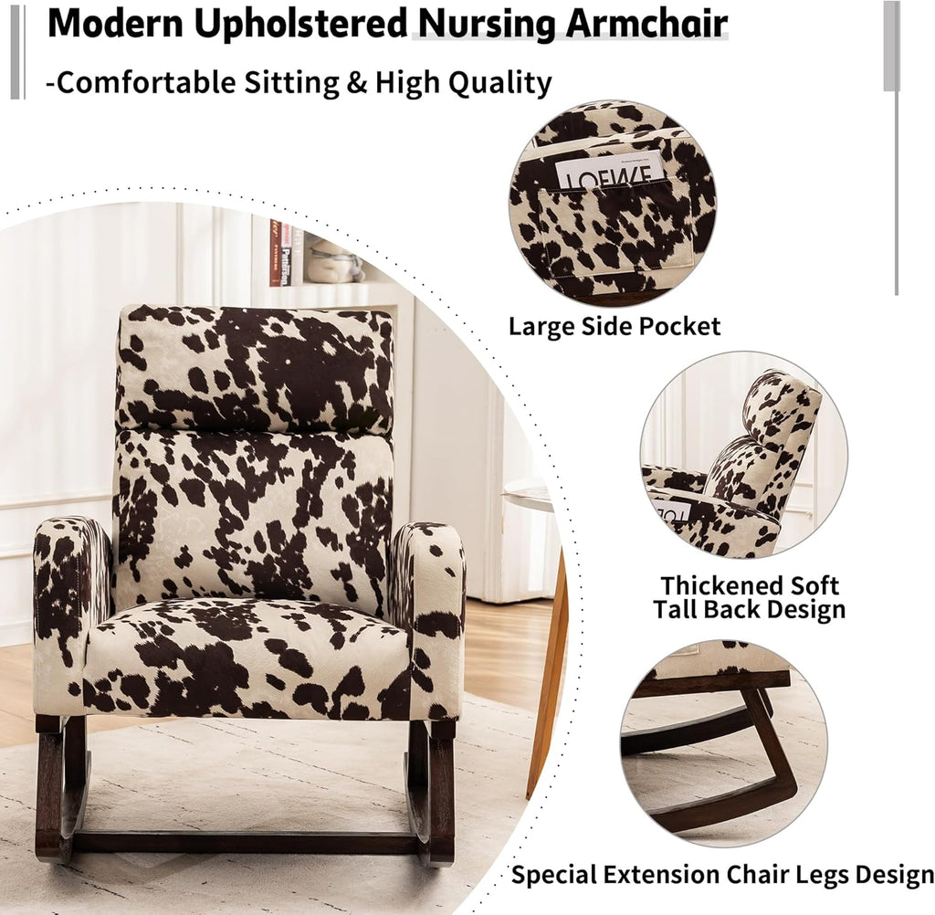 Nursery Rocking Chairs, Cow Printed Fabric Glider Chair Nursery Chair for Mom with High Backrest, Side Pocket and