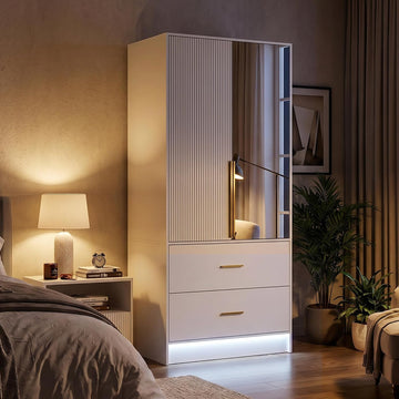29.5" W Wardrobe Armoire with Mirror, Fluted Door & LED Light, Wooden Closet Storage Cabinet with Hanging Rod, 2