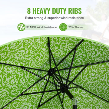 9 ft. Patio Umbrella, Market Table Umbrella w/Tilt and Crank, 8 Ribs - Light Green/floral