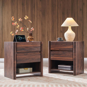 25" Tall Modern Nightstand Set of 2, 23.6" W Night Stand with Charging Station & 2 Storage Drawers & Open Shelf, Wood