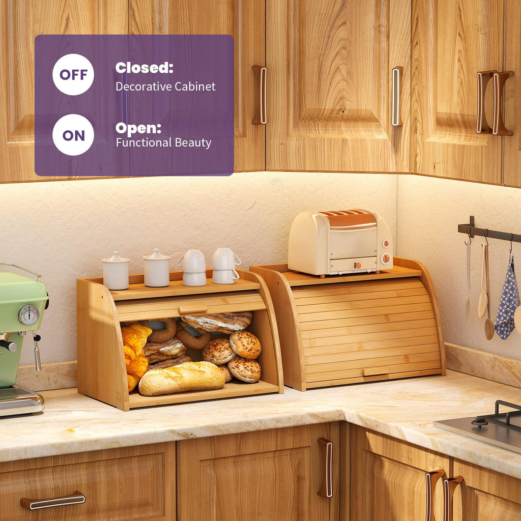 Bread Box - Natural Bamboo Kitchen Storage Roll Top, Countertop