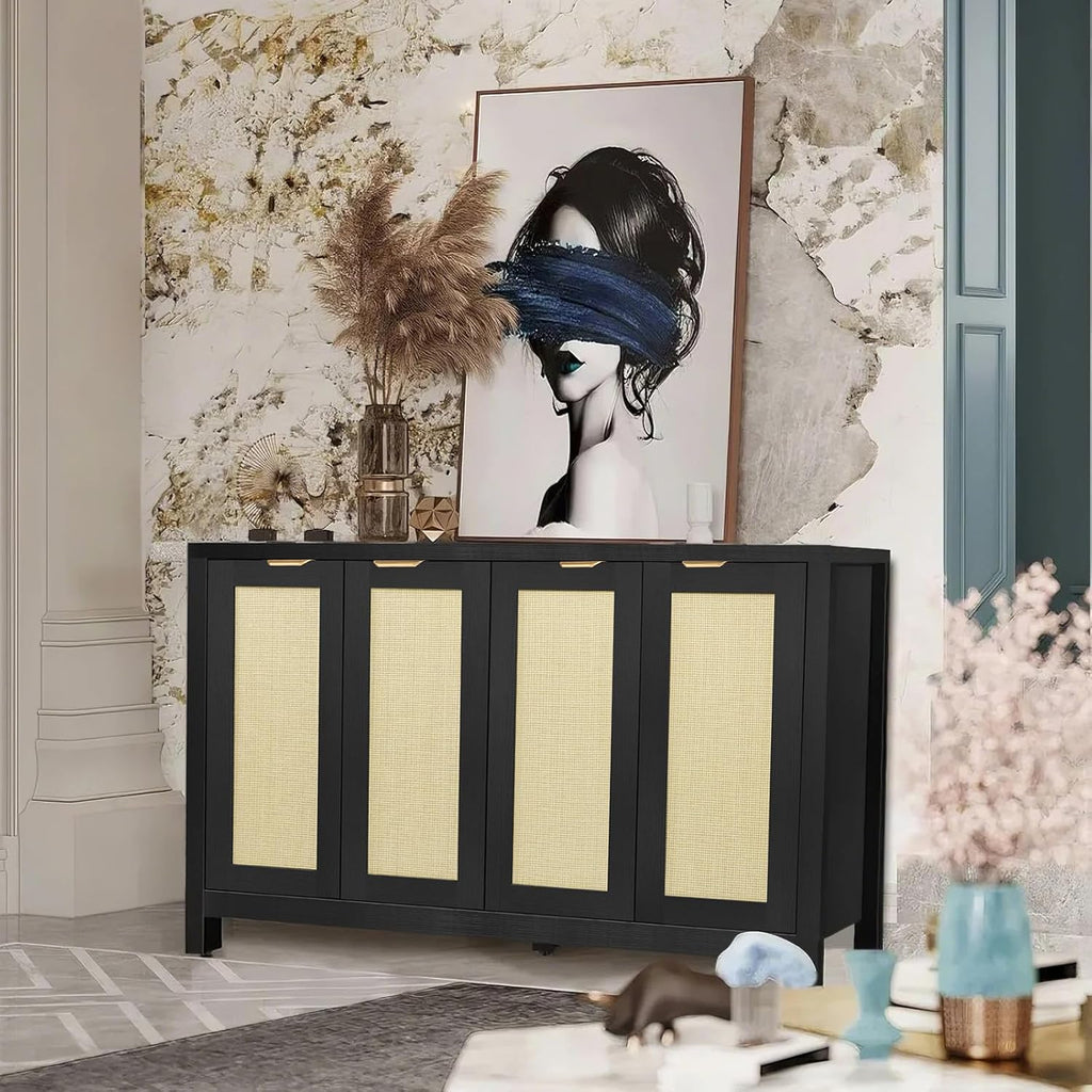 Rattan Sideboard Buffet Credenza Cabinet - Large Farmhouse Kitchen Coffee Bar Cabinet with 4 Rattan Door Storage for Entryway Living Room, 55" x 15" x 31.5" (Black)