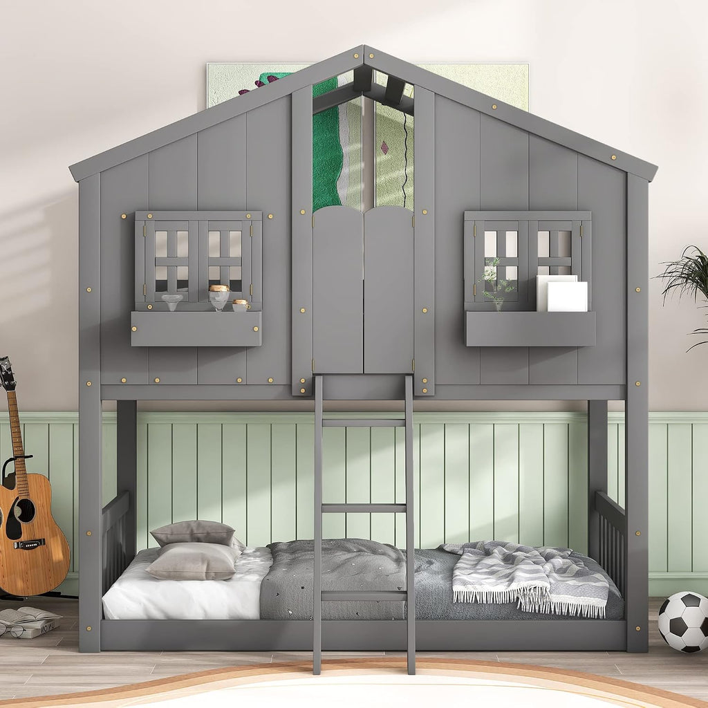 Twin Over Twin Low House Bunk Bed with Roof, Window and Built-in Window Box, Wooden Floor Playhouse Bed Frame with