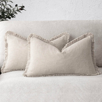 Boho Linen Fringe Lumbar Throw Pillow Covers 12×24 Natural Beige