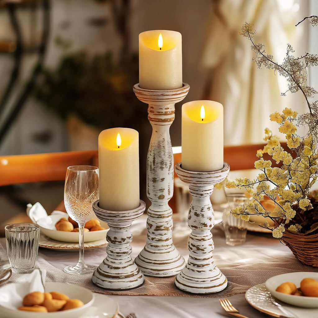 Farmhouse Wood Candle Holders for Pillar Candles Set of 3, Rustic Candle Holders for Table Centerpiece, 13" 9" 6"