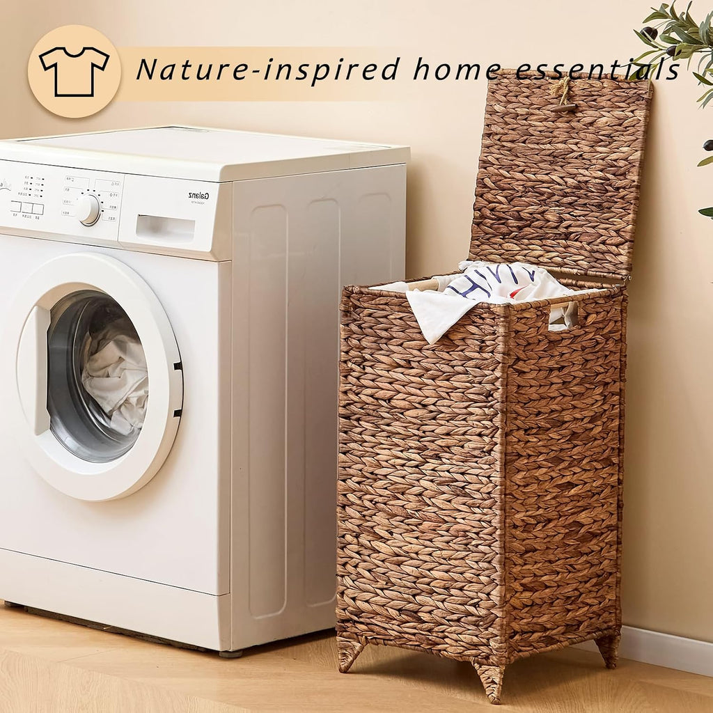Handwoven Laundry Hamper with Lid, Natural Water Hyacinth Heightened Feet Laundry Basket, Wicker Clothes Hamper with
