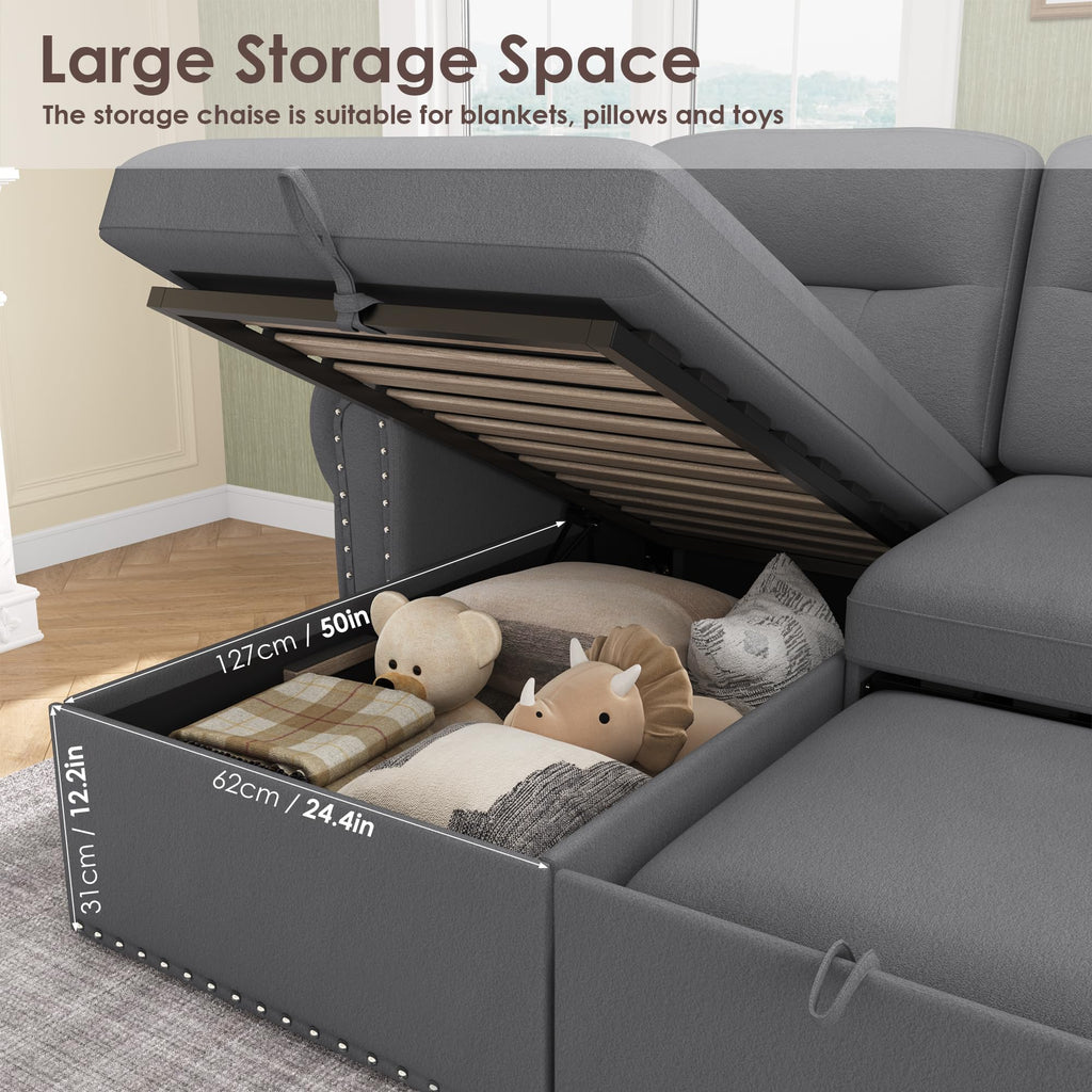 Sleeper Sofa Bed, 83'' Sectional Couch with Reversible Storage Chaise & Nailhead Armrest, Pull Out Couches, Side