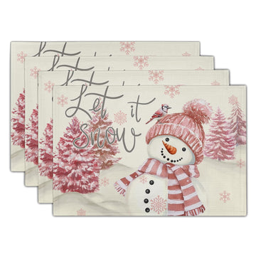 4PCs Pink Snowman Placemats 12x18 Inch Winter Pink Trees Bird Snowflake Decorative Place Mat Christmas Xmas Seasonal