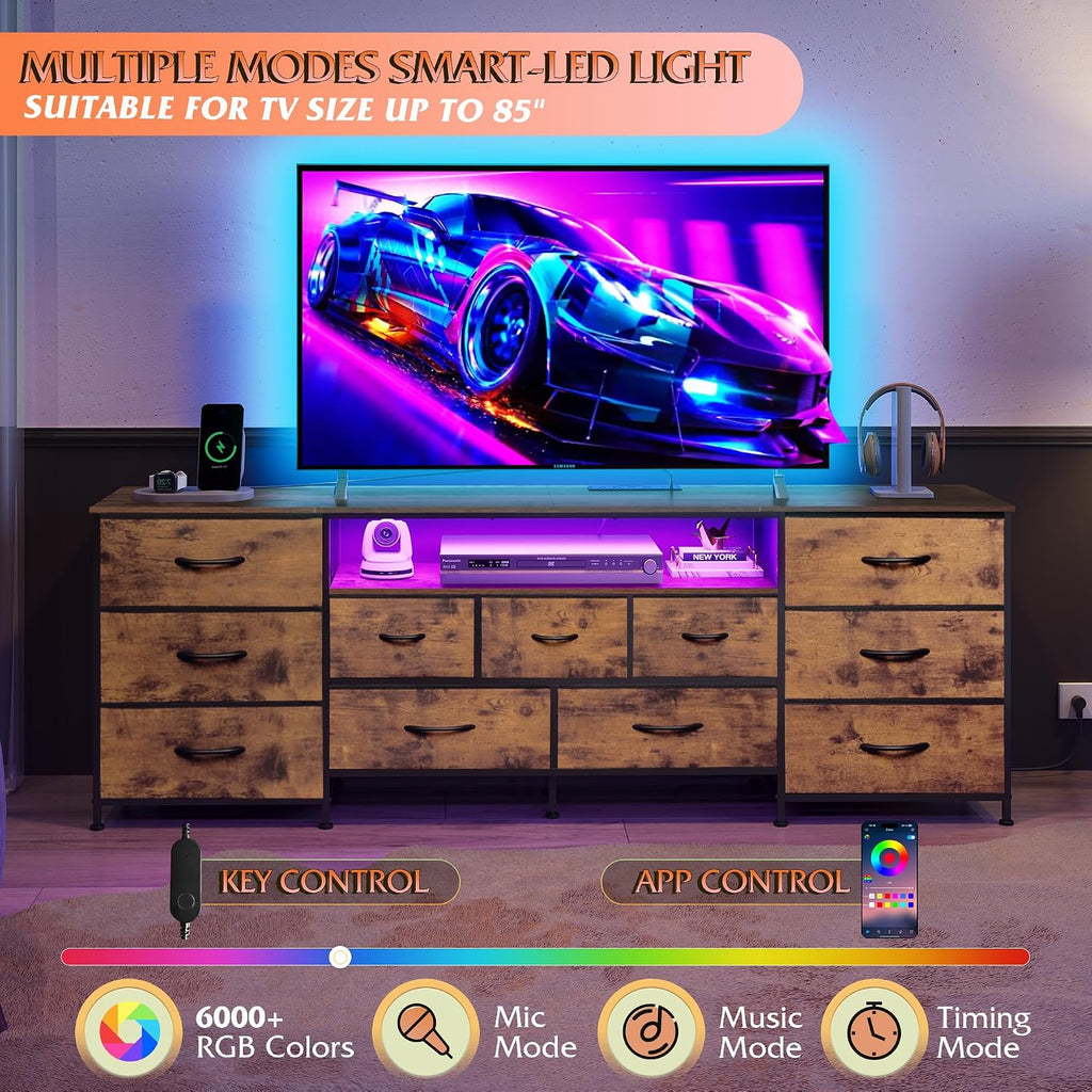 75.5" TV Stand for 65, 75, 80, 85 Inch TV, Dresser for Bedroom with Power Outlets & LED Lights, 11 Drawer Fabric