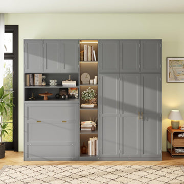 Twin Murphy Cabinet Bed with Wardrobe & 5‑Tier LED Display Shelf, Space-Saving Foldable Wall Bed with Storage Shelves