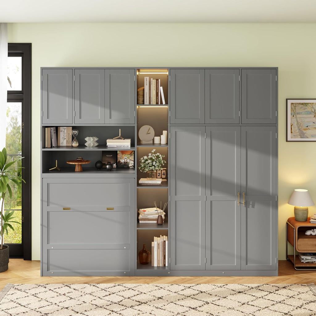 Twin Murphy Bed with Storage & LED Lights, Foldable Wall Bed Cabinet with Shelves, Cabinet & Wardrobe, Space-Saving