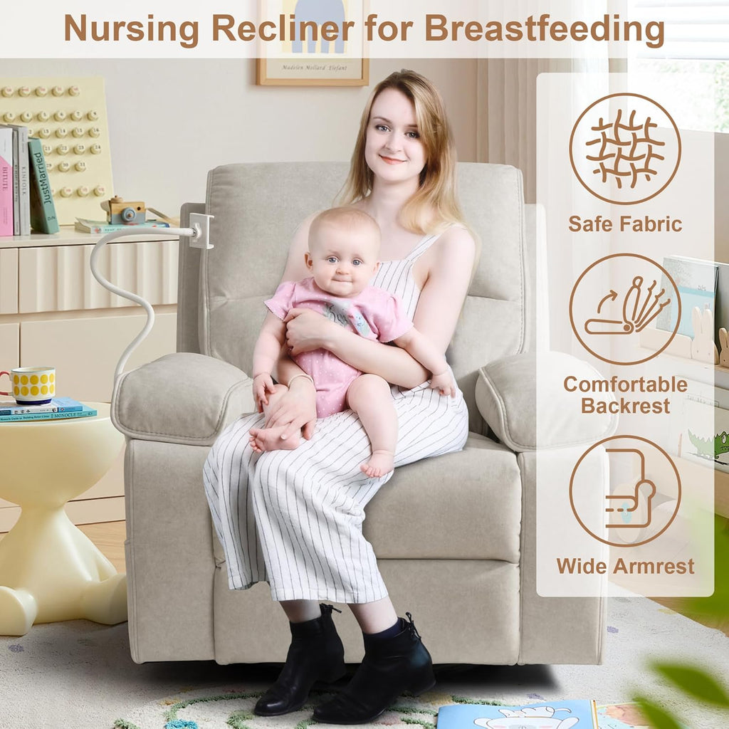 Nursery Rocking Chairs Glider Recliner with Flexible Phone Holder, Oversized 360° Swivel Rocker Recliner, Comfortable