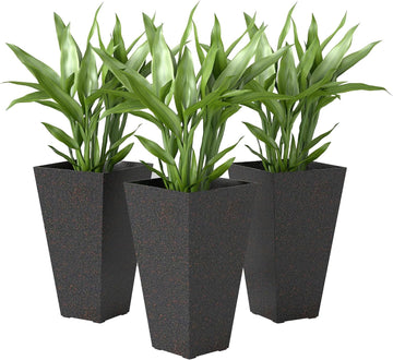 28 Inch Tall Planters for Outdoor Plants Set of 3, Brown | Marble Finish, Drainage Holes, Stackable Tapered Design