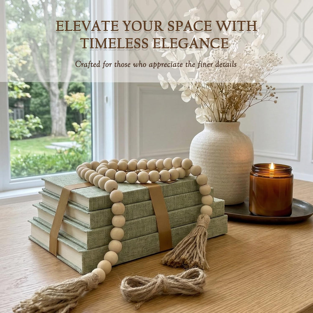 Decorative Books Decor-Set of 4 Real Linen Decorative Books, Stacked Books with Wood Bead Garland, Jute Twine & Satin