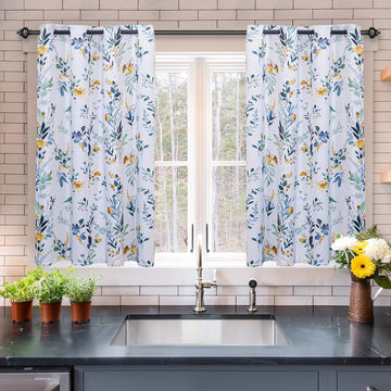 Floral Blackout Curtains 45 inch Length 2 Panels Yellow and Blue