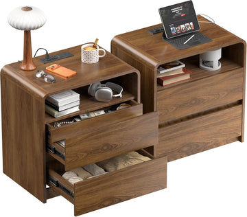 Modern Nightstand Set of 2 23.8" Walnut Nightstands with Hidden Drawers Wood Modern Bedside Table Curved Profile